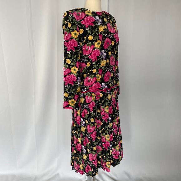 Vintage Midi Dress 6 Black Pink Floral Pleated Drop Waist Romantic Cottage 90s - Picture 4 of 16